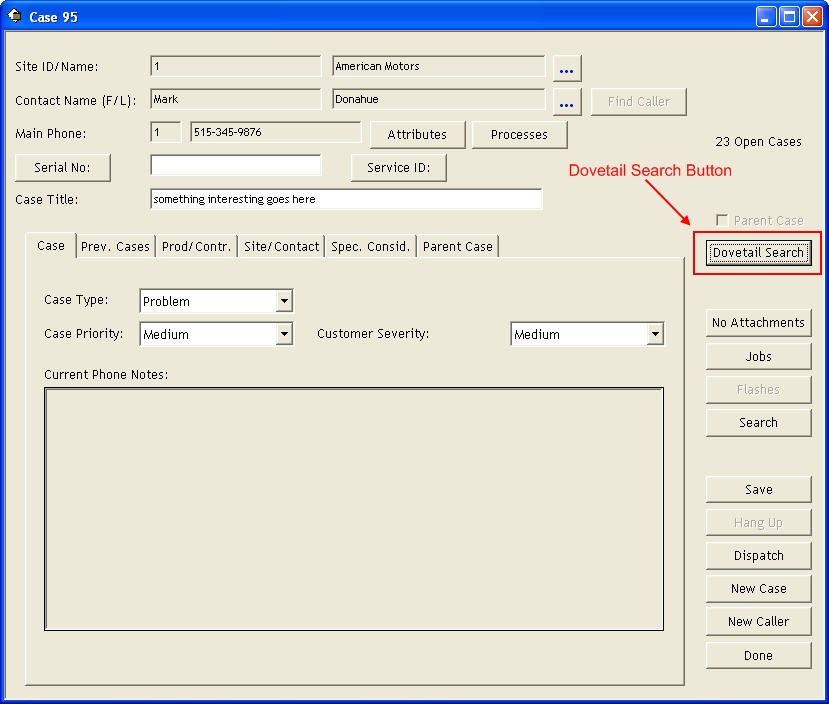 Case form with Dovetail Search button